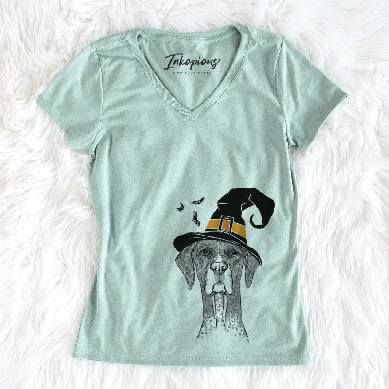 Witch Mattis the German Shorthaired Pointer - Women's V-neck Shirt-- Jersey Fabric Tulle Fabric Batik Fabric Witch Mattis the German Shorthaired Pointer - Women's V-neck Shirt-- Jersey Fabric Tulle Fabric Batik Fabric