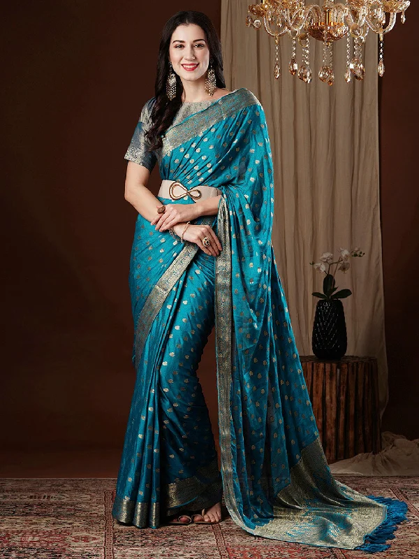 Women's Georgette Teal blue Woven Design Designer Saree With Blouse Piece Backless Summer Blouse Women's Georgette Teal blue Woven Design Designer Saree With Blouse Piece Backless Summer Blouse