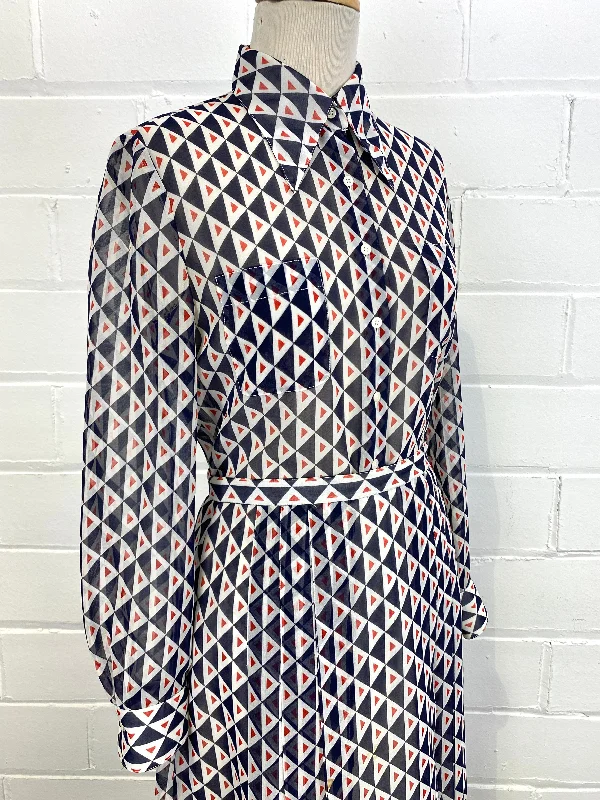 Vintage 1970s Women's 2-Piece Blue & Red Geometric Print Skirt & Blouse Set, Small Elegant Lace Blouse Vintage 1970s Women's 2-Piece Blue & Red Geometric Print Skirt & Blouse Set, Small Elegant Lace Blouse