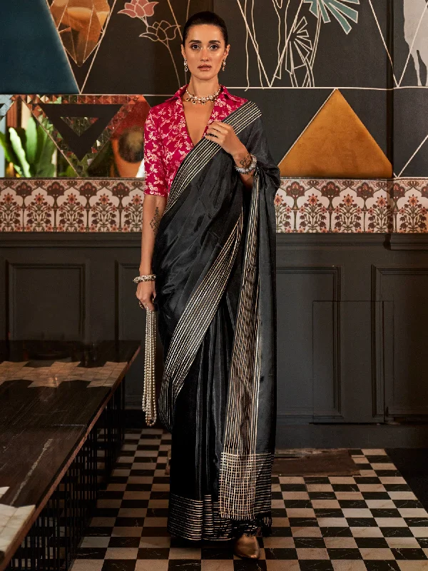 Women's Viscose Silk Black Woven Design Designer Saree With Blouse Piece Pleated Collar Blouse