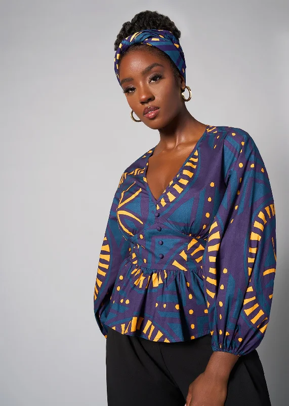 Imudara Women's African Print Peplum Blouse (Teal Plum Tiles) Stretchy Fitted Blouse Imudara Women's African Print Peplum Blouse (Teal Plum Tiles) Stretchy Fitted Blouse