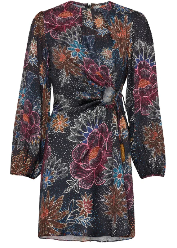 Farm Rio Women's Long Sleeve Mini Dress, Sparkle Flowers Trendy Mesh Mini Dress