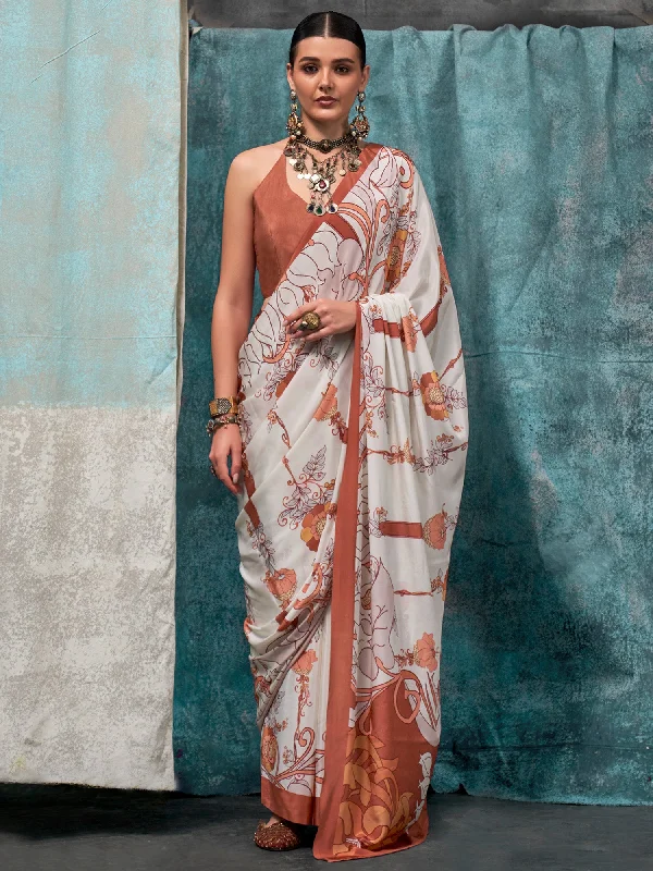 Women's Crepe Off White Printed Designer Saree With Blouse Piece Lightweight Linen Blouse