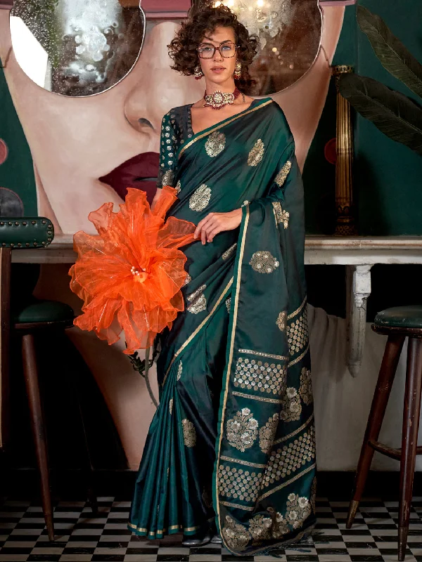 Women's Satin Silk Dark Green Woven Design Designer Saree With Blouse Piece Oversized Silk Blouse Women's Satin Silk Dark Green Woven Design Designer Saree With Blouse Piece Oversized Silk Blouse
