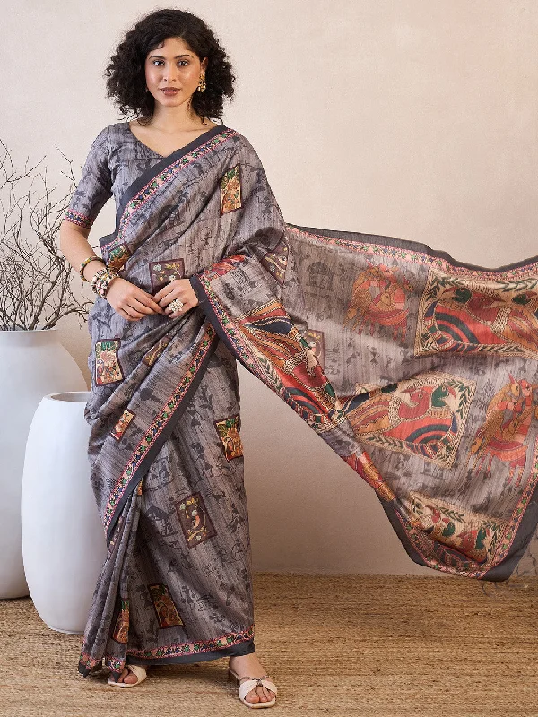 Women's Manipuri Silk Charcoal Grey Printed Ready to Wear With Blouse Piece Modern Work Blouse Women's Manipuri Silk Charcoal Grey Printed Ready to Wear With Blouse Piece Modern Work Blouse