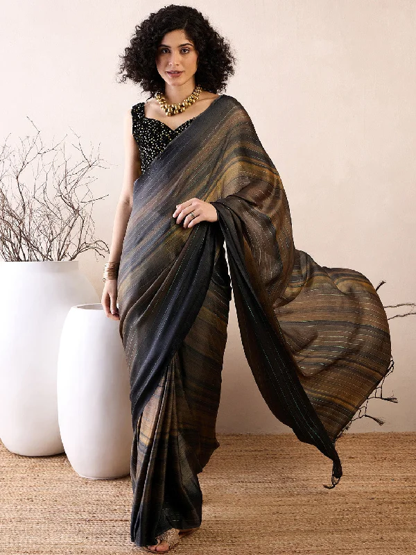 Women's Poly Georgette Black Solid Ready to Wear With Blouse Piece Everyday Stylish Blouse Women's Poly Georgette Black Solid Ready to Wear With Blouse Piece Everyday Stylish Blouse
