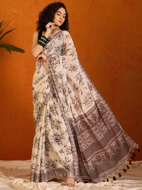 Women's Georgette Off White Printed Designer Saree With Blouse Piece Side Tie Blouse Women's Georgette Off White Printed Designer Saree With Blouse Piece Side Tie Blouse