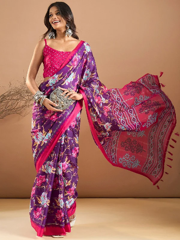 Women's Georgette Purple Printed Designer Saree With Blouse Piece Romantic Lace Blouse