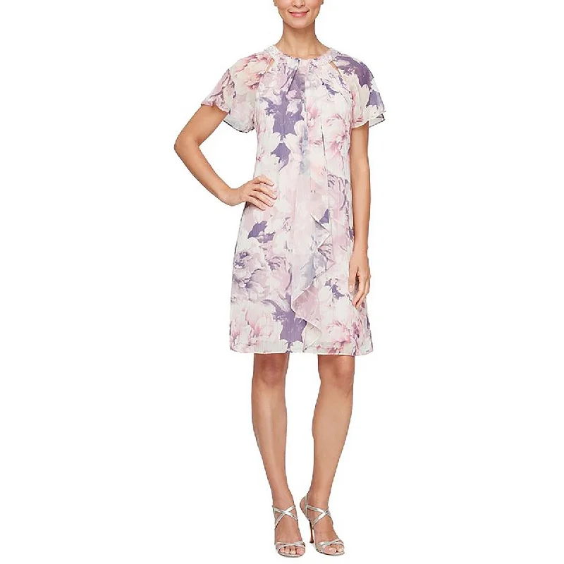 Womens Floral Print Embellished Neckline Mini Dress Fashionable Mini Dress with Frills