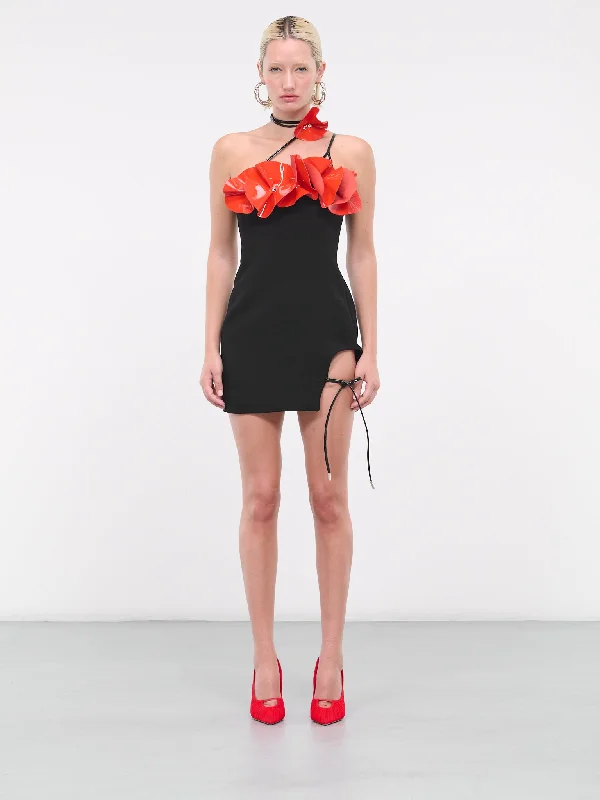 Flower Mini Dress (DK05D-BLACK-RED) Modern Satin Mini Dress