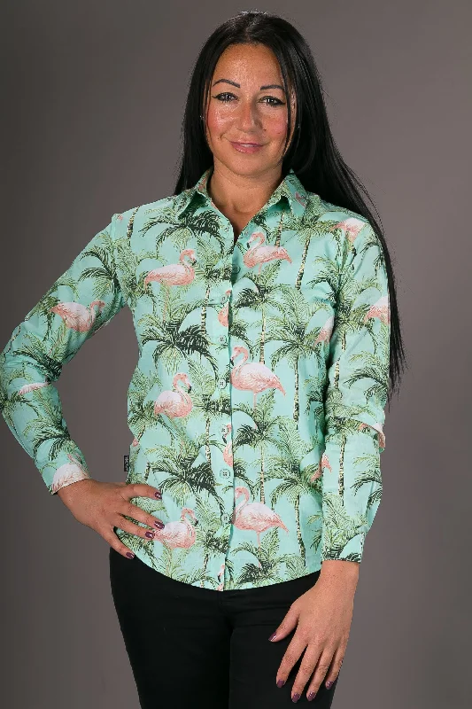 Green Flamingo Print Cotton Slim Fit Womens Shirt Long Sleeve-- Elasticated Padded Insulated Green Flamingo Print Cotton Slim Fit Womens Shirt Long Sleeve-- Elasticated Padded Insulated