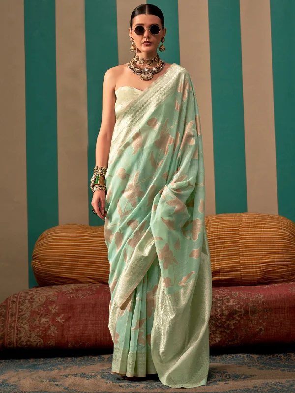 Women's Linen Sea Green Woven Design Designer Saree With Blouse Piece High Neck Blouse Women's Linen Sea Green Woven Design Designer Saree With Blouse Piece High Neck Blouse