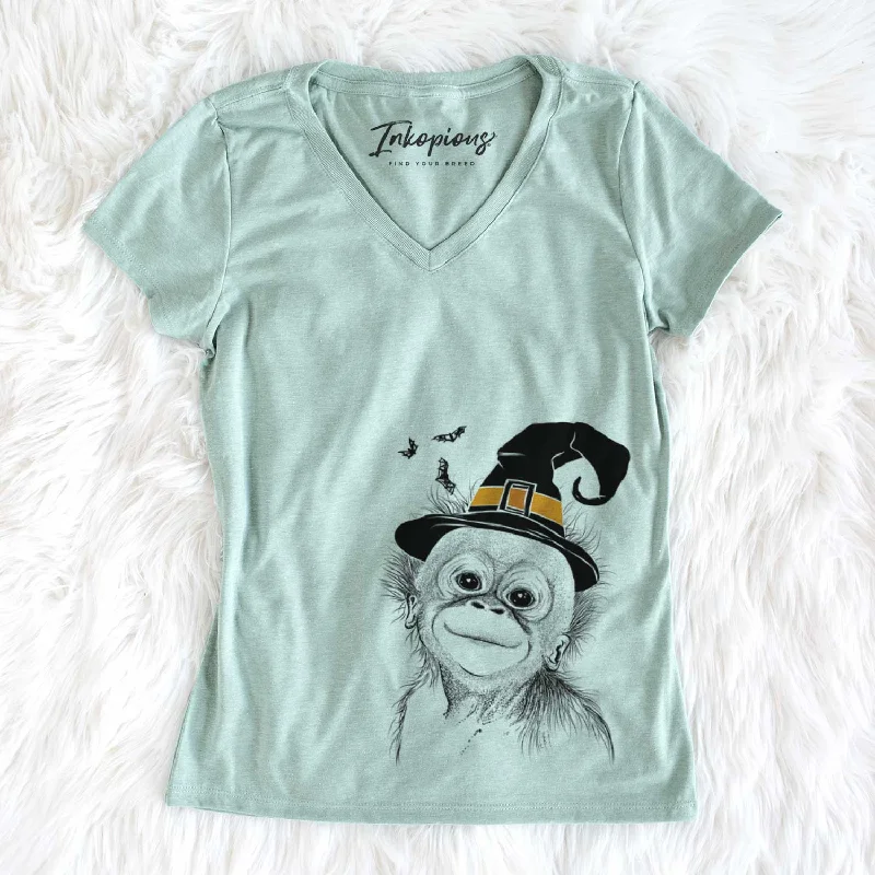 Witch Louie the Baby Orangutan - Women's V-neck Shirt-- Elasticated Padded Insulated Witch Louie the Baby Orangutan - Women's V-neck Shirt-- Elasticated Padded Insulated