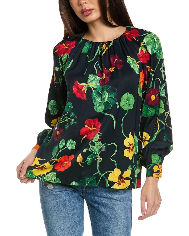Oscar de la Renta Nasturtium Satin Back Crepe Blouse Oversized Silk Blouse