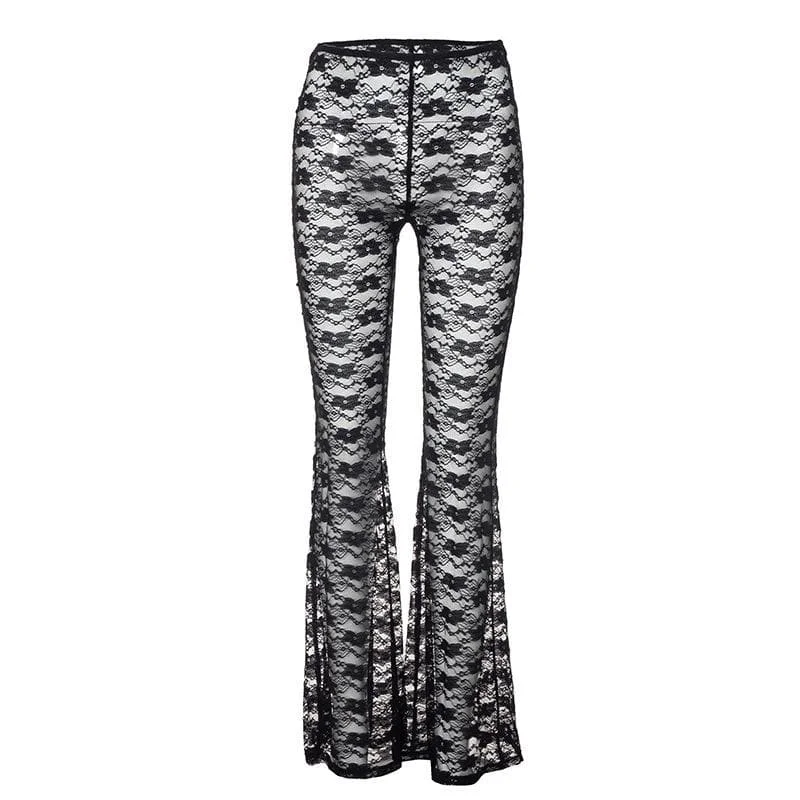 Lace see through solid stitch medium rise pant Comfortable Fleece Pants