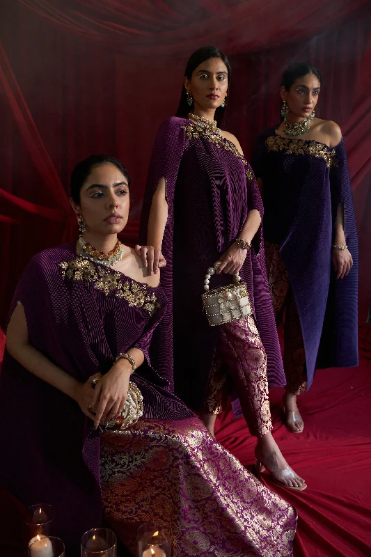 Divine Embroidered Cape with Brocade Pants - Hibiscus Casual Wide Pants