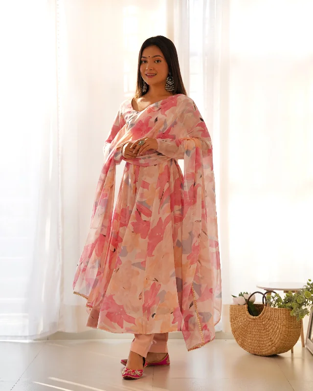 Lorenvalley Fashion Women Pure Soft Faux Georgette Floral Print Fully Flair Anarkali Kurta Pant With Dupatta Set - Peach Stylish Harem Pants