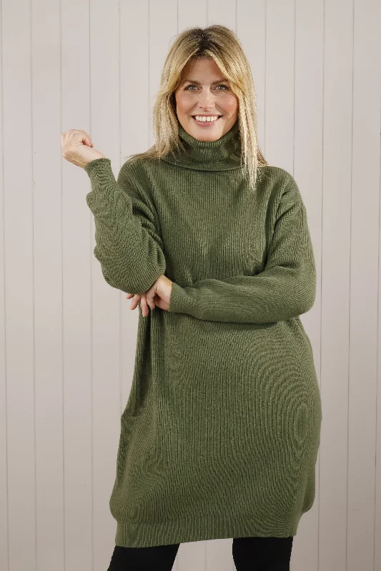 Romy Ribbed Roll Neck Jumper Dress Khaki Tunics Cozy comfortable