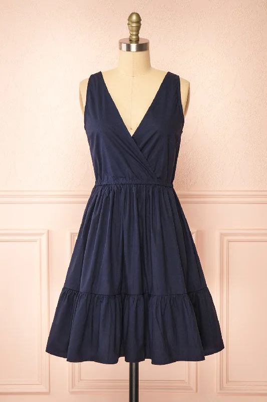 Lenora Navy | Short A-line Dress w/ Elastic Waist Tunics Trendy modern