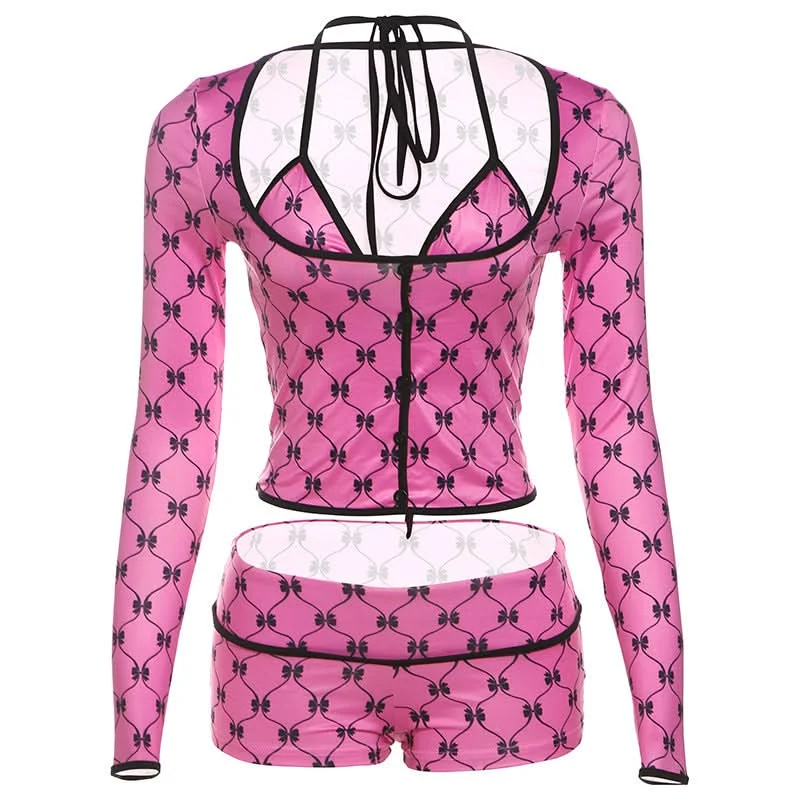 Long sleeve halter print 3 piece short pant set High-Waist Jeans