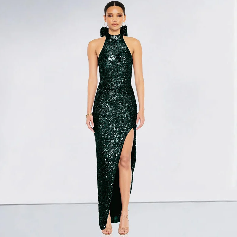 Sexy Sequined Halter Bow Evening Party Dresses Tunics Canvas sturdy