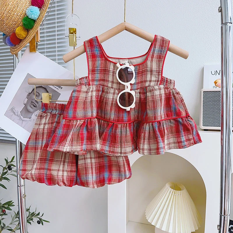 Sleeveless Plaid Top and Pumpkin Pants Two-Piece Set High-Waist Jogger Pants