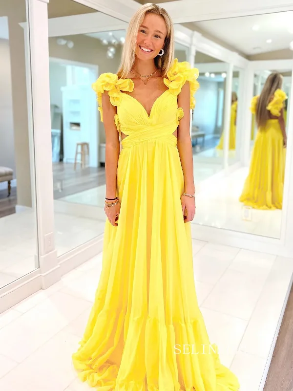 Chic A-line Straps Yellow Long Prom Dress Chiffon Elegant Party Dress #LOP801 Tunics Fleece cozy Chic A-line Straps Yellow Long Prom Dress Chiffon Elegant Party Dress #LOP801 Tunics Fleece cozy