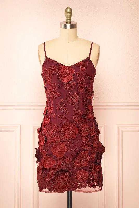 Liliane Burgundy | Short Mesh Dress w/ Floral Appliqués Tunics Ceremony elegant