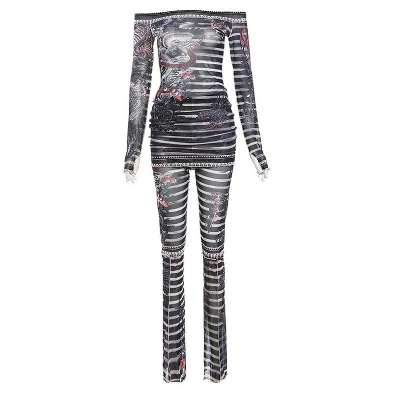 Long sleeve off shoulder sheer mesh print pant set Comfortable Pleated Pants