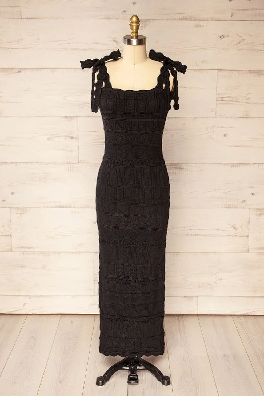 Hebi Black | Long Openwork Knit Dress Boat Neckline Classic