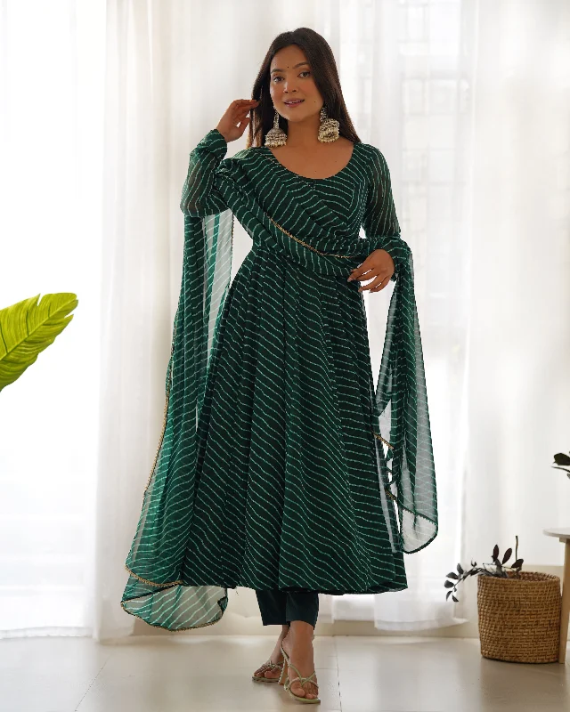 Lorenvalley Fashion Women Pure Soft Faux Georgette Laheriya Print Fully Flair Anarkali Kurta Pant With Dupatta Set - Green Warm Wool Trousers