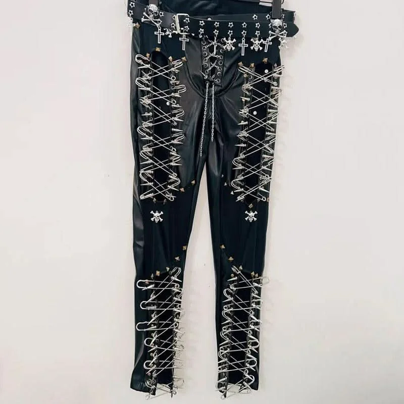 Lace up metal chain hollow out skull applique pant Chic Black Leggings