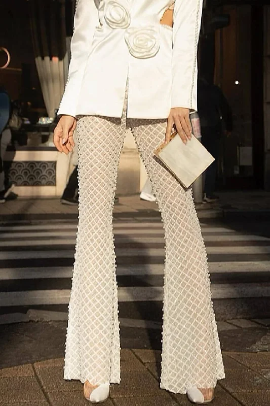 Sexy Faux Pearl High Waist Flared Leg Sheer Mesh Sequin Party Pants Trendy Tapered Pants