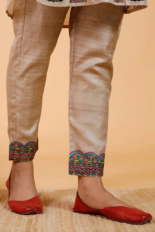 Gubbaro Handpainted Madhubani 'Kamal Nain' Tussar Silk Pant Slim-Fit Leggings