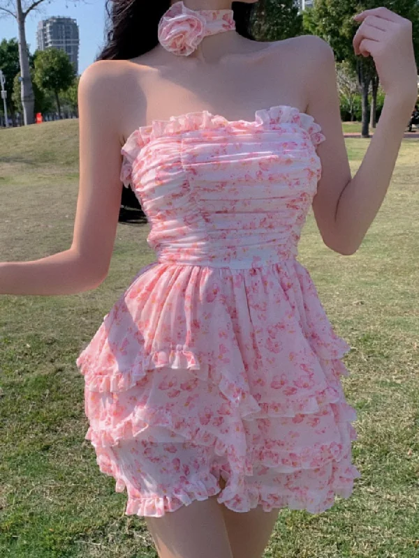 Casual Strapless Sexy Summer Dresses For Women 2022 Korean Floral Print Chiffon Beach Holiday Mini Dress Elegant Party Dress Tunics Essential wardrobe