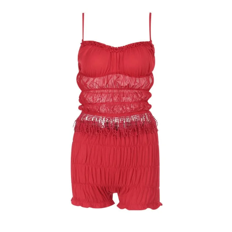 Ruffle ruched mesh tassels solid cami pant set Classic Cropped Pants