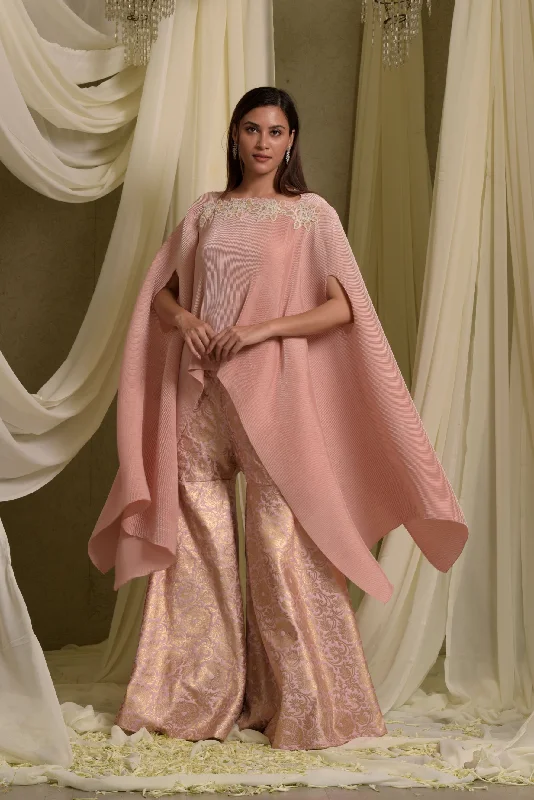 Divine Embroidered Cape With Brocade Sharara Pants - Blush Pink Soft Stretch Leggings Divine Embroidered Cape With Brocade Sharara Pants - Blush Pink Soft Stretch Leggings