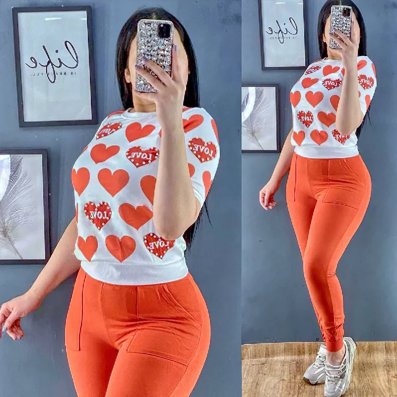 Turkish Pearl Decorated Printed Half Sleeve Top & Pant - Orange Comfy Zip-Up Pants