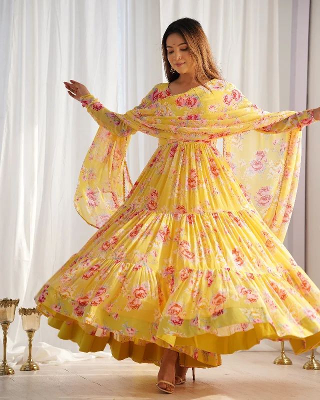Lorenvalley Women Pure Soft Faux Georgette Floral Print Fully Flair Anarkali Kurta Pant With Dupatta Set - Yellow Formal Stretch Pants Lorenvalley Women Pure Soft Faux Georgette Floral Print Fully Flair Anarkali Kurta Pant With Dupatta Set - Yellow Formal Stretch Pants