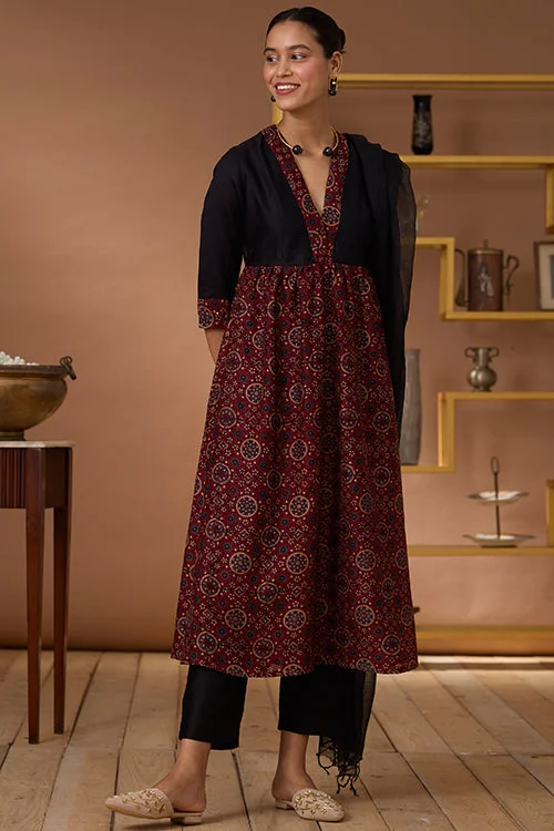Okhai "Amber Flames" Handblock Printed Chanderi Silk Ajrakh Kurta Pant Set Elegant Silk Pants Okhai "Amber Flames" Handblock Printed Chanderi Silk Ajrakh Kurta Pant Set Elegant Silk Pants