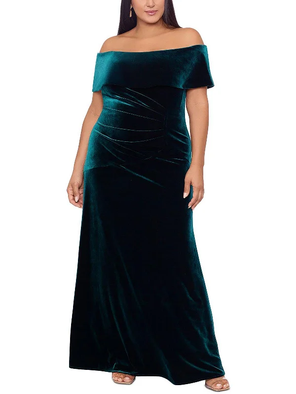 Plus Womens Velvet Gathered Evening Dress Floral Print girly