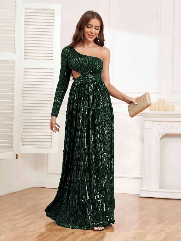 Alivia Glamorous One Shoulder Long Sleeve Cutout Waist Sequins Party Dresses Tunics Top Casual