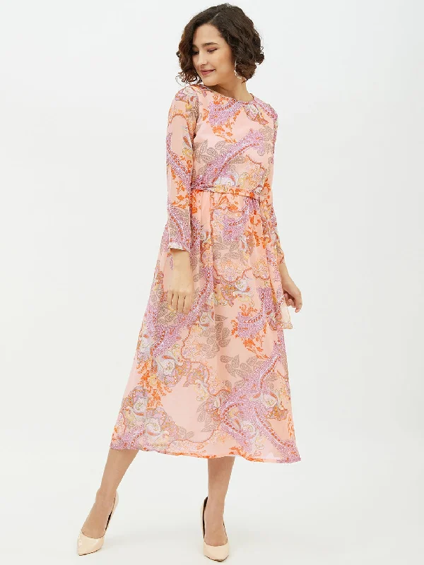 Women's Peach Printed Long Dress - StyleStone Tunics Short Trendy