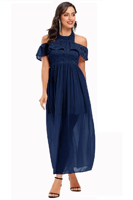 Long Dark Navy Halter Off-the-Shoulder Prom Party Dresses Off-the-shoulder Chic Trendy Long Dark Navy Halter Off-the-Shoulder Prom Party Dresses Off-the-shoulder Chic Trendy