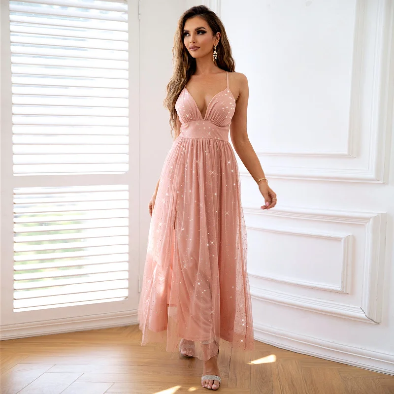 Modern Princess Sequin Mesh Party Dress | Pink Corset Dress | Plunging v neck Mesh Maxi Dress Tunics Velvet soft