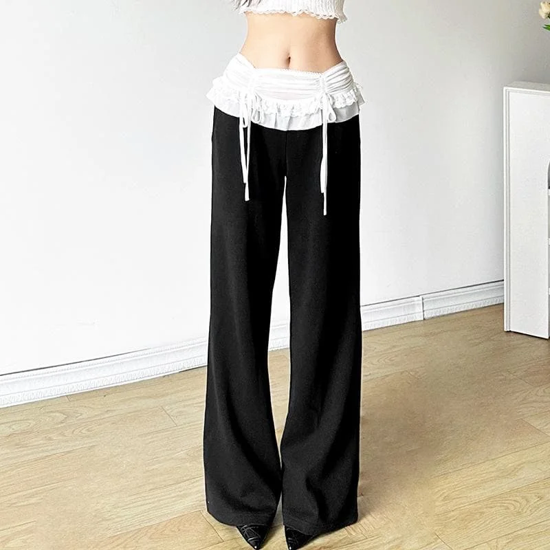 Mesh patchwork lace hem ruched low rise pant Comfortable Maternity Pants