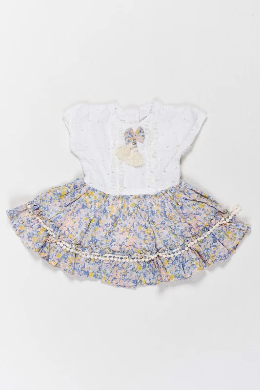 Graceful White and Blue Floral Hakoba Frock for Girls with Lace Accents Design Frock Dress Floral Print girly