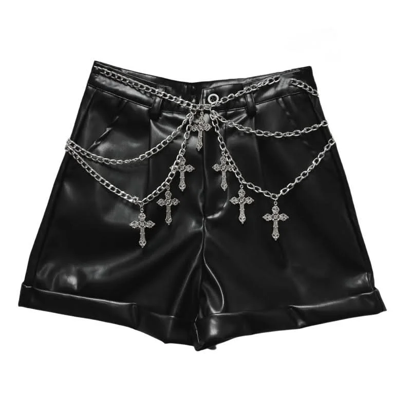 PU leather metal chain short pant Casual Wide Pants