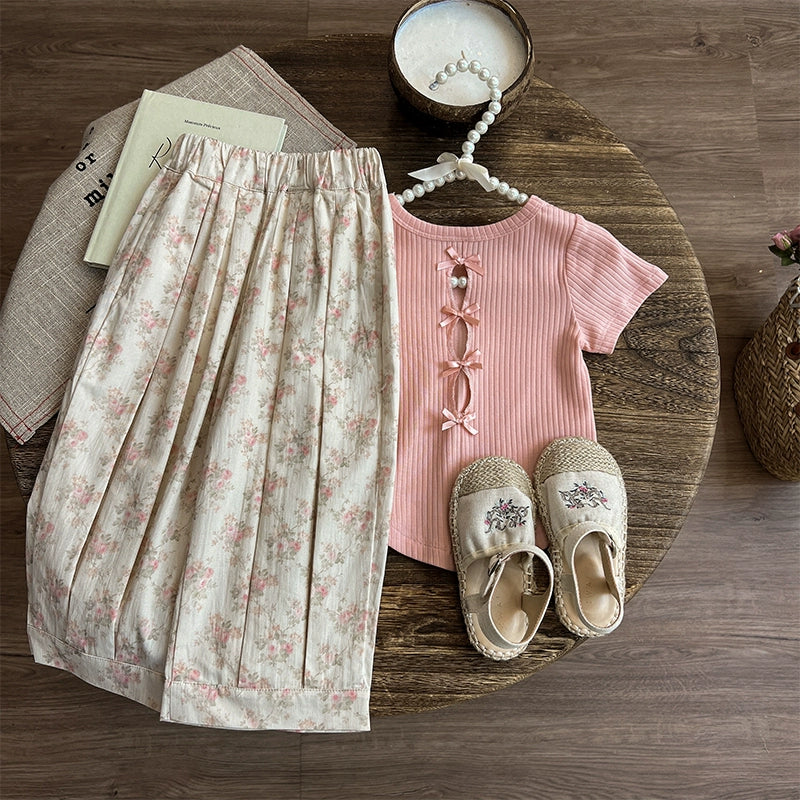 Baby Girl Short Sleeve Floral Pants Suit Classic Cropped Pants