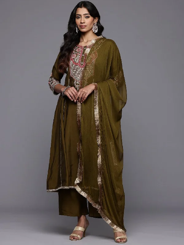 Varanga Women Olive Green Zari Embroidered Anarkali Kurta with Straight Pants and Fringed Dupatta. Cozy Maternity Pants